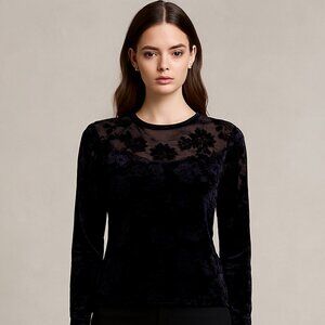 DONNA Black Velvet Floral Burnout Accented Top 90's Goth Vamp  Size L